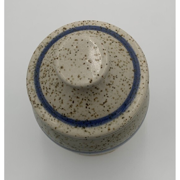 Vintage Art Pottery Sugar Jar with Lid white and blue strapes with brown dots - Picture 5 of 10